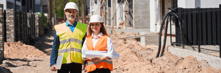 Housing developers with laptop and blueprint standing at construction site